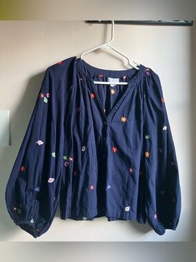 Velvet - Embroidered Navy Blouse - Women Tops